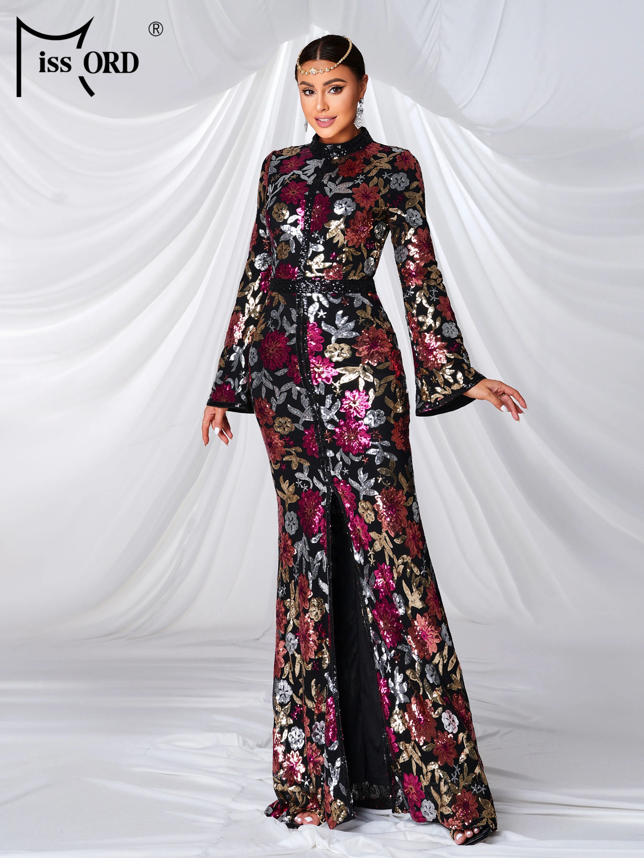 FZ Women's High Neck Long Sleeved Middle Eastern Evening Dress