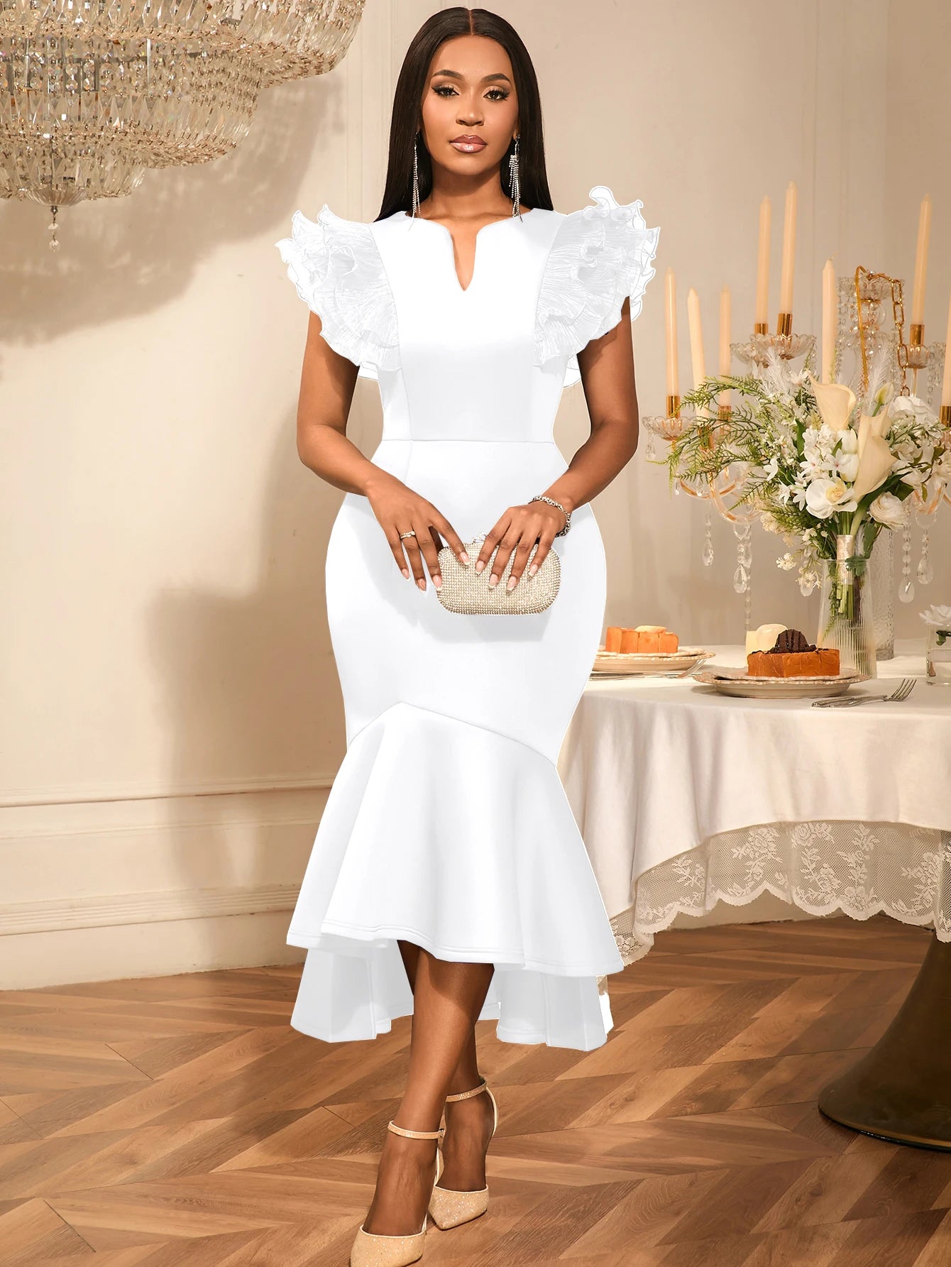 FZ Women's V Neck Mesh Patchwork Flying Sleeve Mermaid Dress