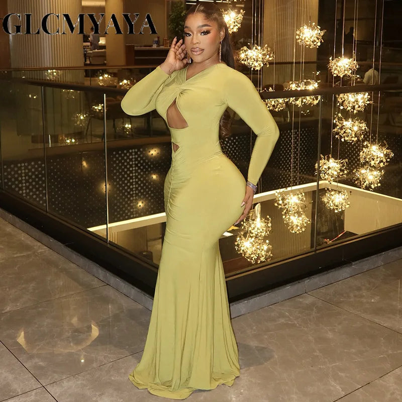 FZ Women's V-neck Hollow Out Long Sleeve Ruched Maxi Dress