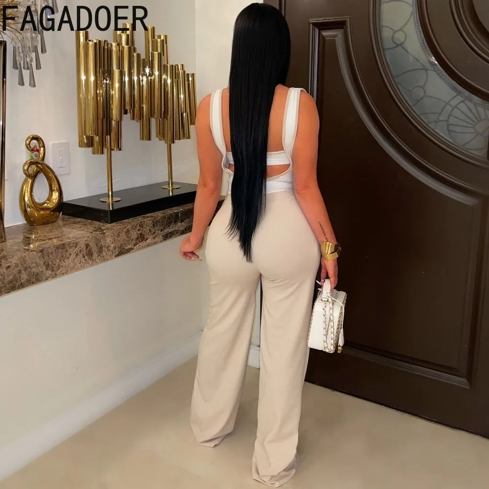 FZ Women's Fashion Patchwork Wide Leg Two Piece Pants Suit - FZwear