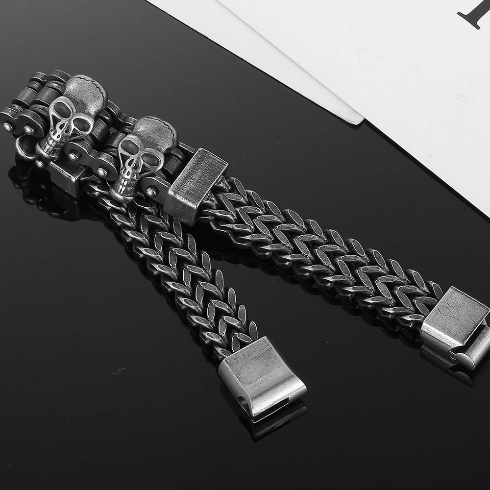 FZ Men's Vintage Black Stainless Steel Steampunk Skull Head Bracelet
