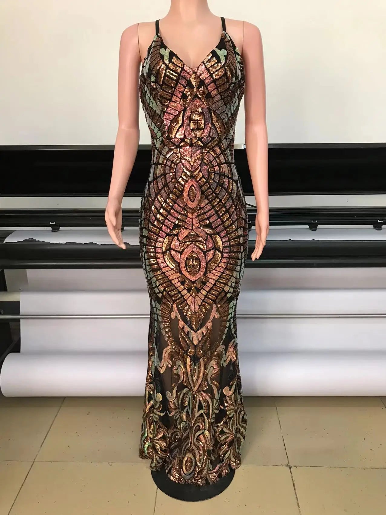 FZ Women's Sequins Spaghetti Strap Backless Sexy Maxi Evening Dress - FZwear