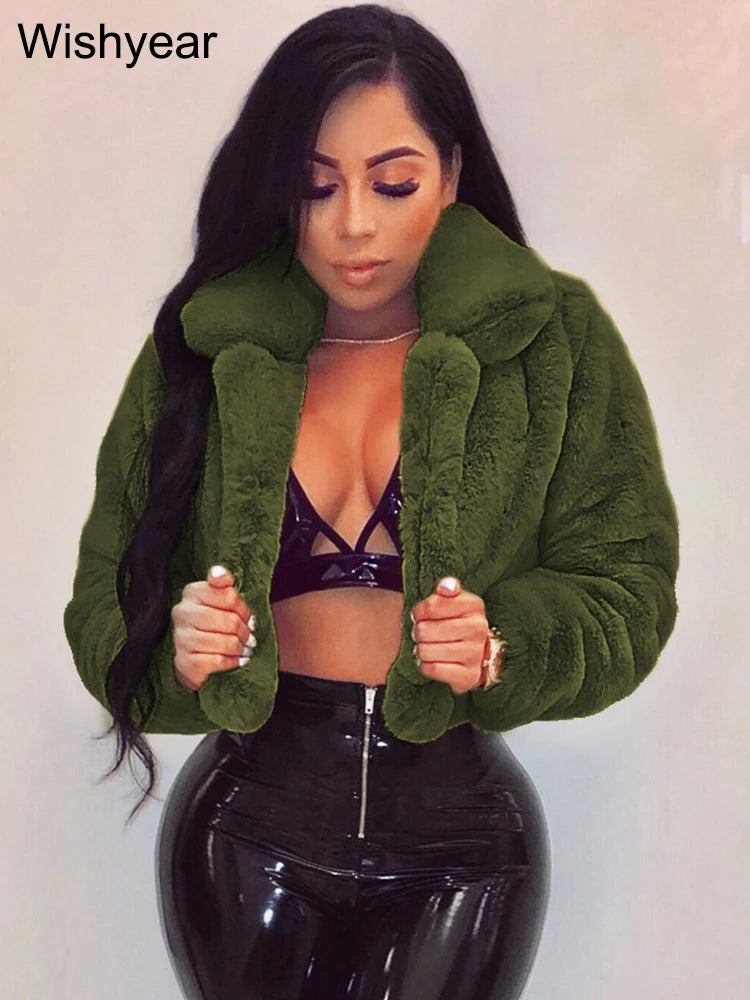 FZ Women's Faux Fur Open Stitch Lapel Crop Winter Fluffy Jacket