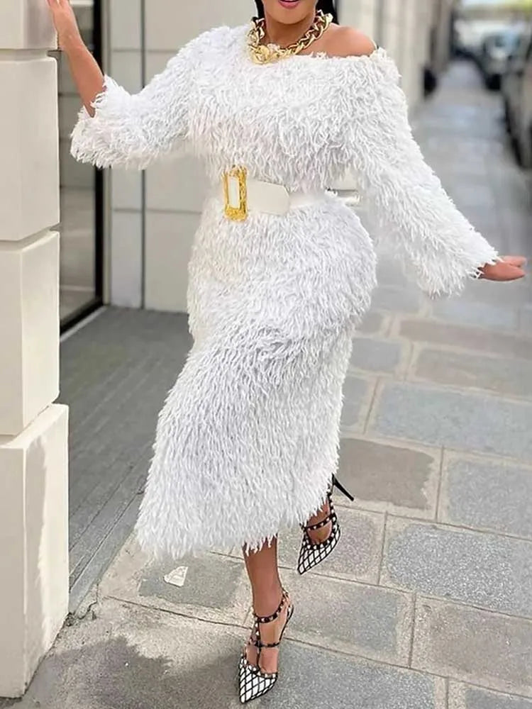 FZ Women's Long Sleeve Off Shoulder Faux Fur Winter Evening Dress