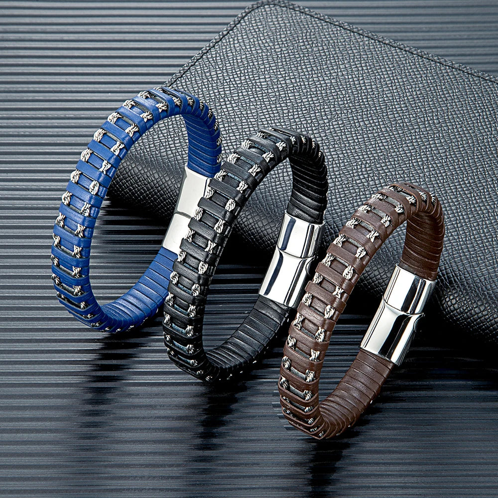 FZ Stainless Steel Link Chain Combination Blue Leather Bracelet - FZwear