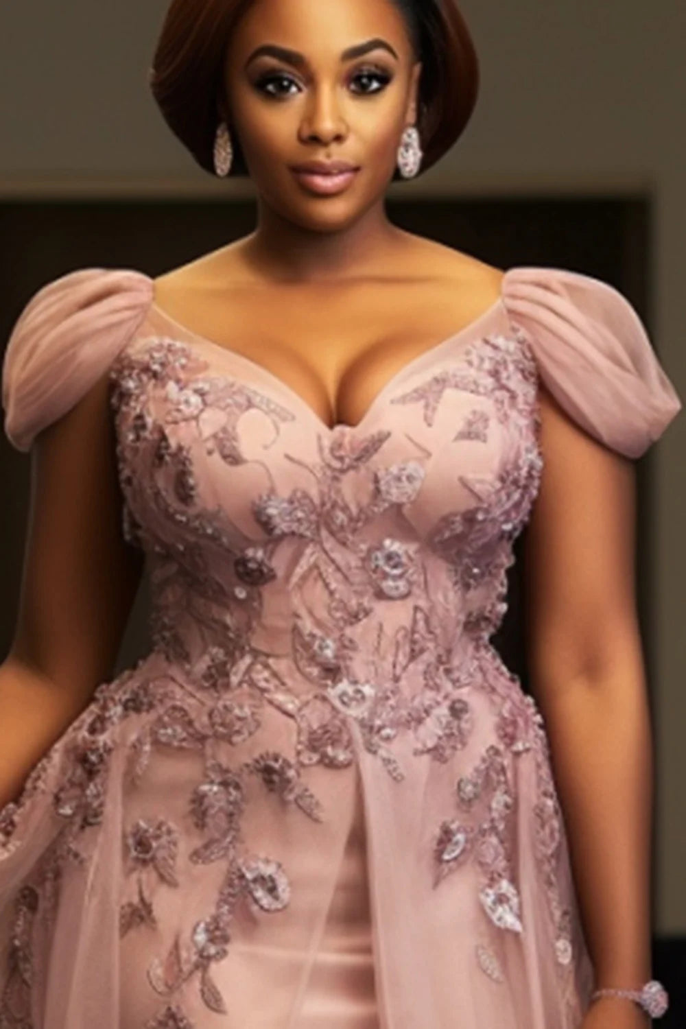 FZ Women's Plus Size V Neck Short Sleeve Split Embroidery Midi Evening Dress