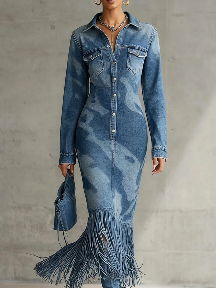 FZ Women's Vintage Blue Camo Denim Print Midi Dress