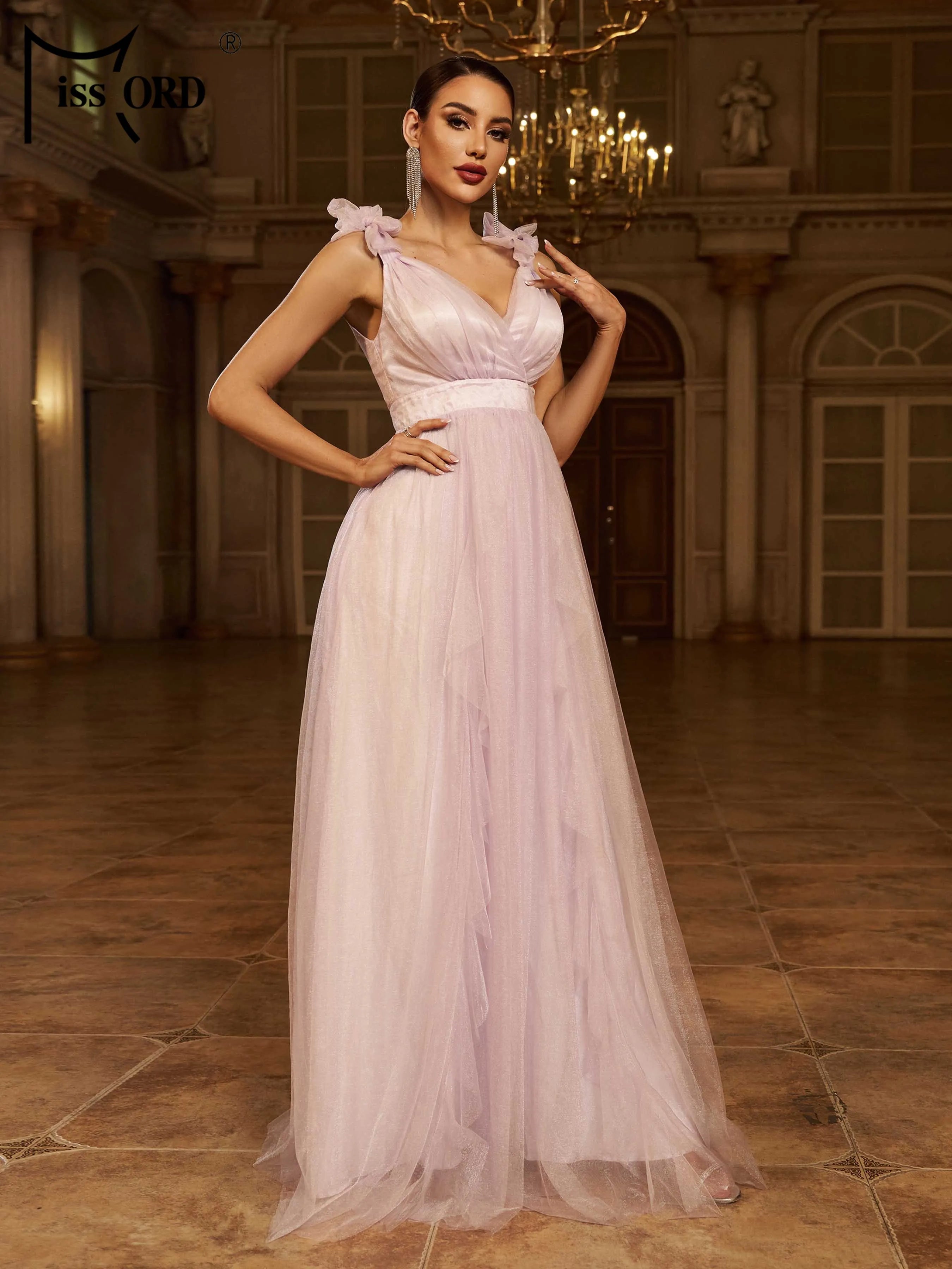 FZ Women's V Neck A Line Tulle Perform Maxi Prom Dress