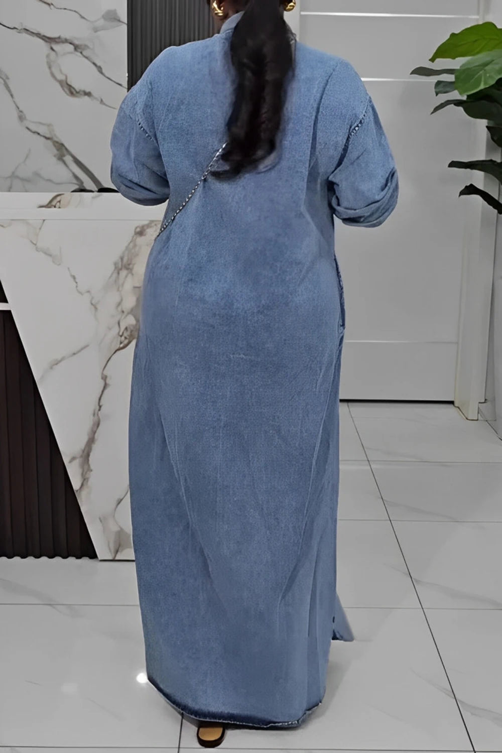 FZ Women's Plus Size Shirt Collar Long Sleeve Button Pocket Maxi Denim Dress