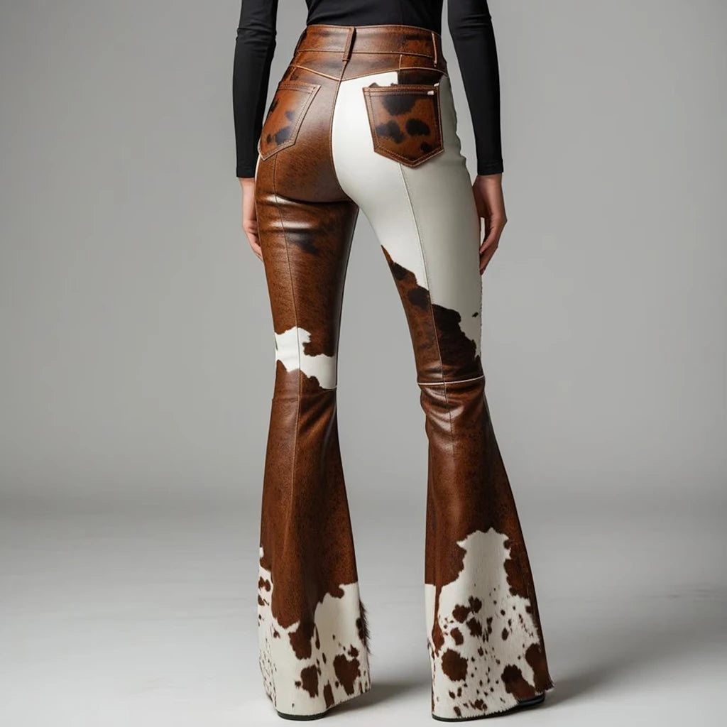 FZ Women's Cow Pattern Flare High Waist Slim Faux Leather High Street Pants