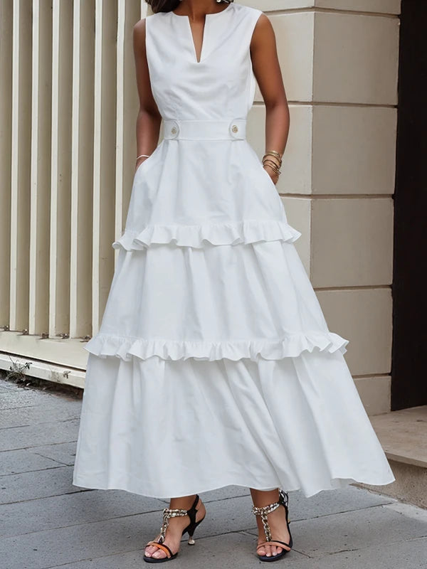 FZ Women's Half Open Collar Sleeveless Split-Joint A-line Dress