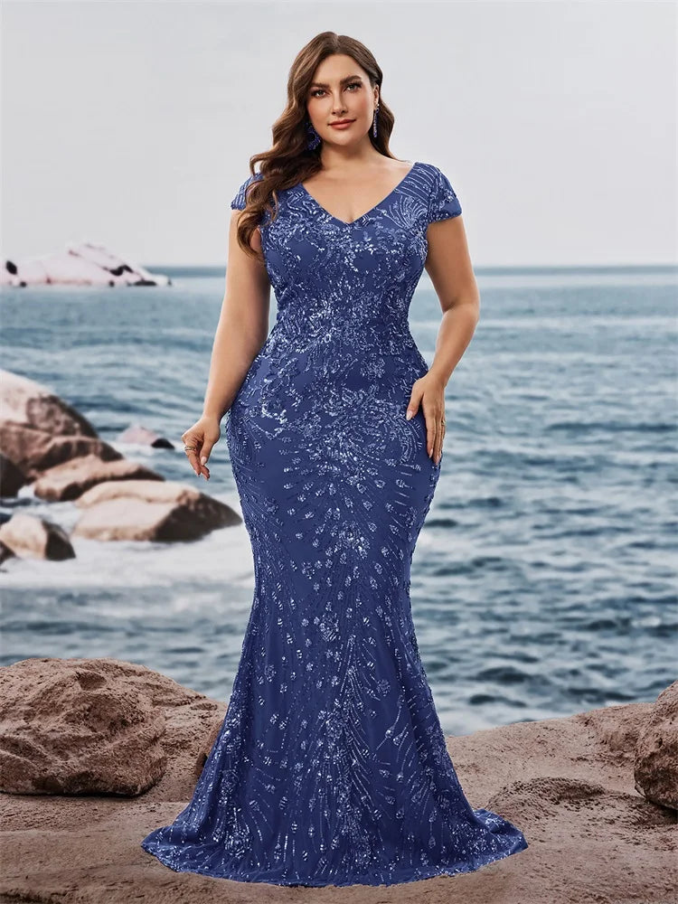 FZ Women's Plus Size V-neck Sequins Floor Length Evening Dress