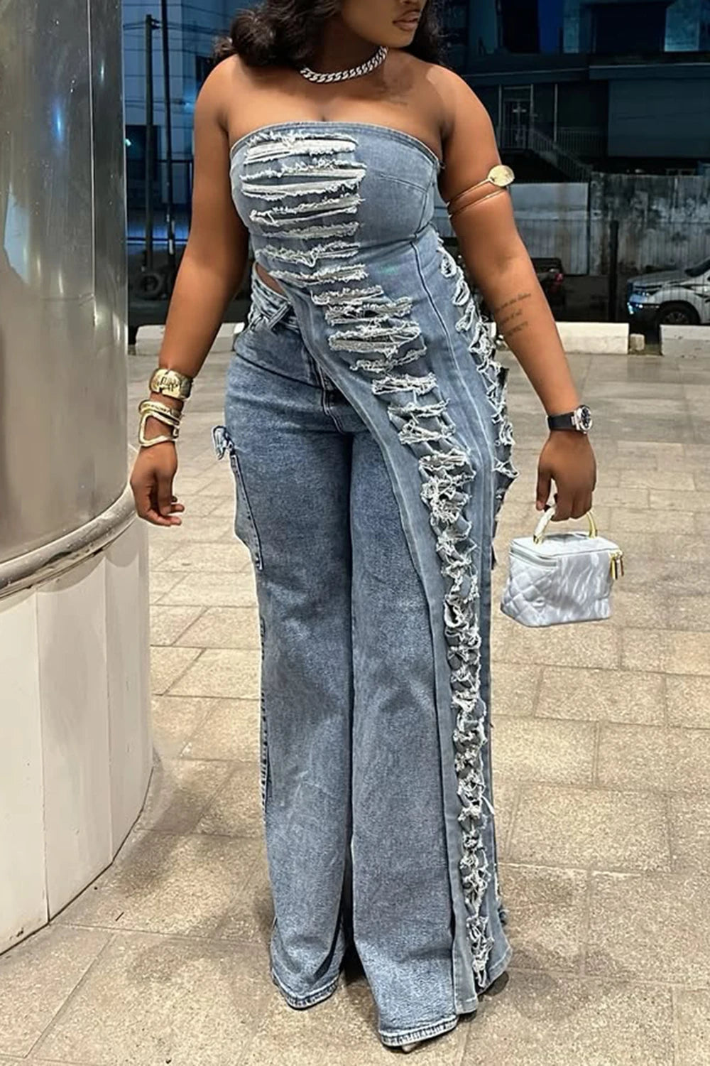 FZ Women's Plus Size Asymmetric Hem Distressed Two Piece Denim Pant Suit