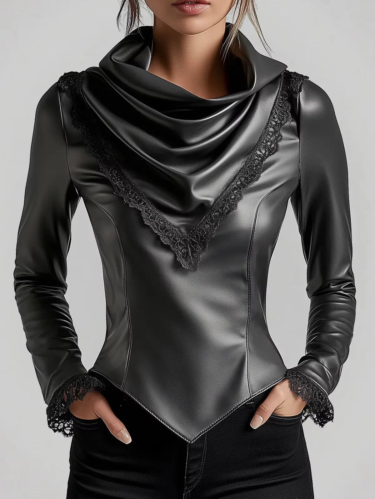 FZ Women's Gothic Punk PU Leather Cowl Neck Lace Trim Long Sleeve Vintage Top