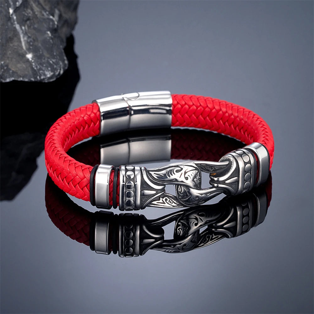 FZ Men's Leather Weaved Stainless Steel Infinity Viking Bracelet