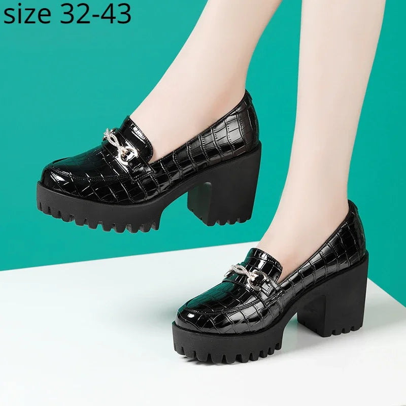 FZ Women's Rhinestone Waterproof Platform Thick Sole Leather Shoes