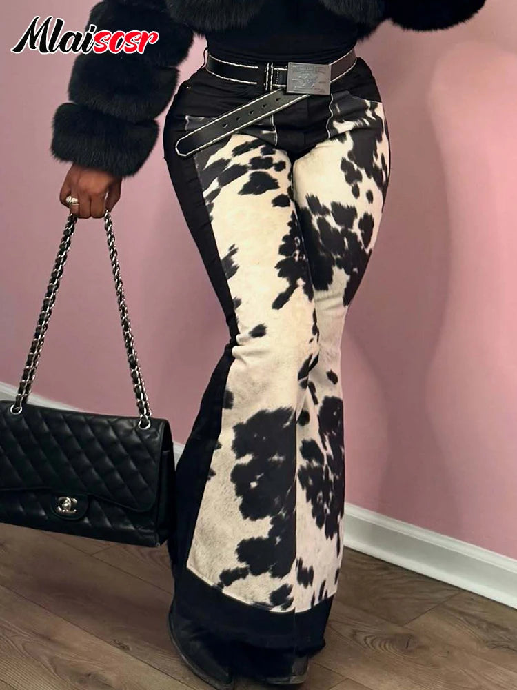 FZ Women's High Street Printed Patchwork Stretch Boot Cut Denim Pants