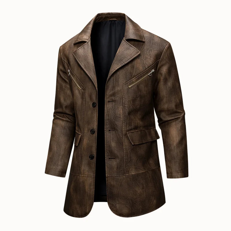 FZ Men's Vintage PU Leather Turn Down Collar Blazer Jacket