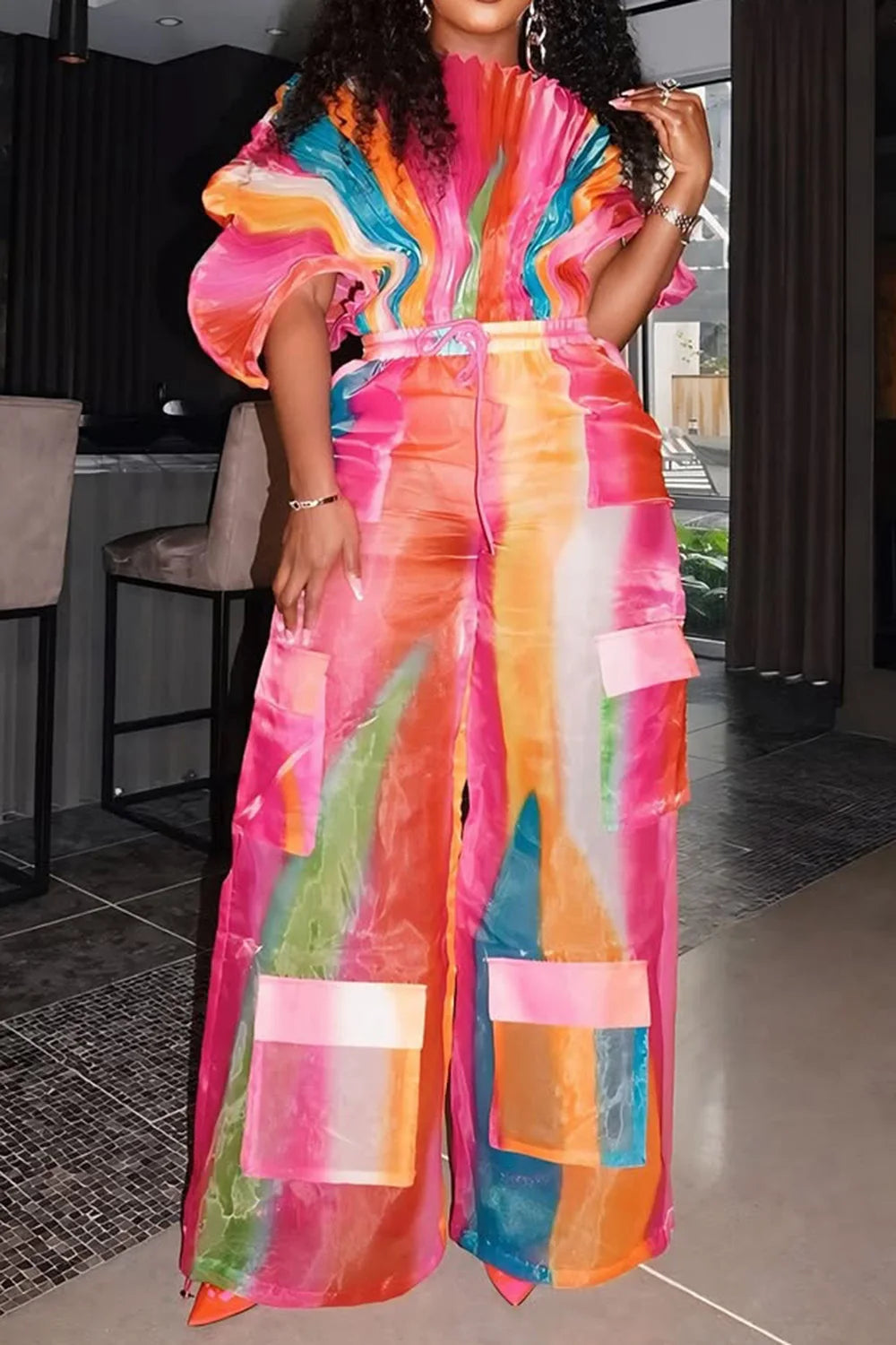 FZ Women's Plus Size Gradient Batwing Sleeve Cargo Pleated Two Piece Pants Suit