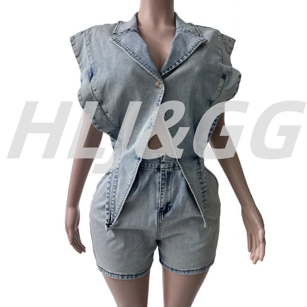 FZ Women's Lapel Sleeveless Hollow Button One Piece Denim Jumpsuit