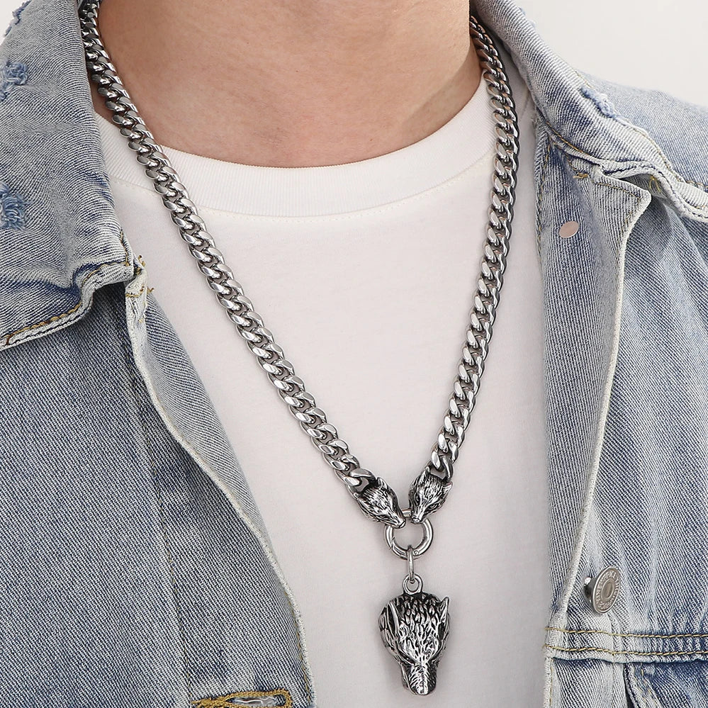 FZ Wolf Head 316L Stainless Steel Cuban Link Pendant Necklace