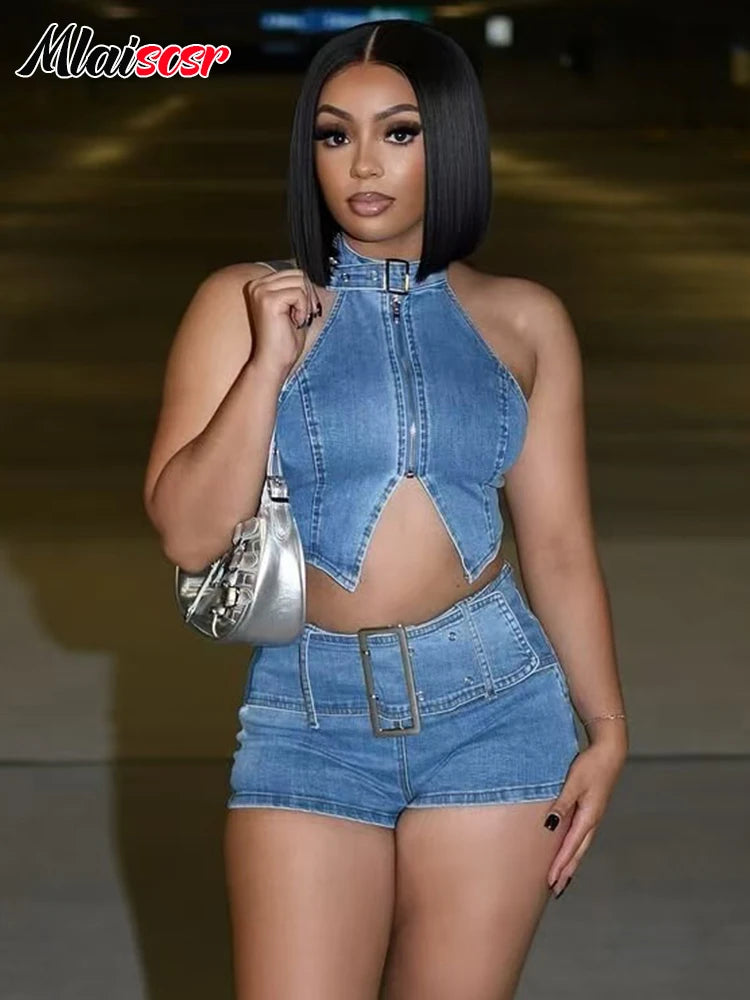 FZ Women's Y2K Cargo Pocket Streetwear 2 Piece Denim Shorts Suit