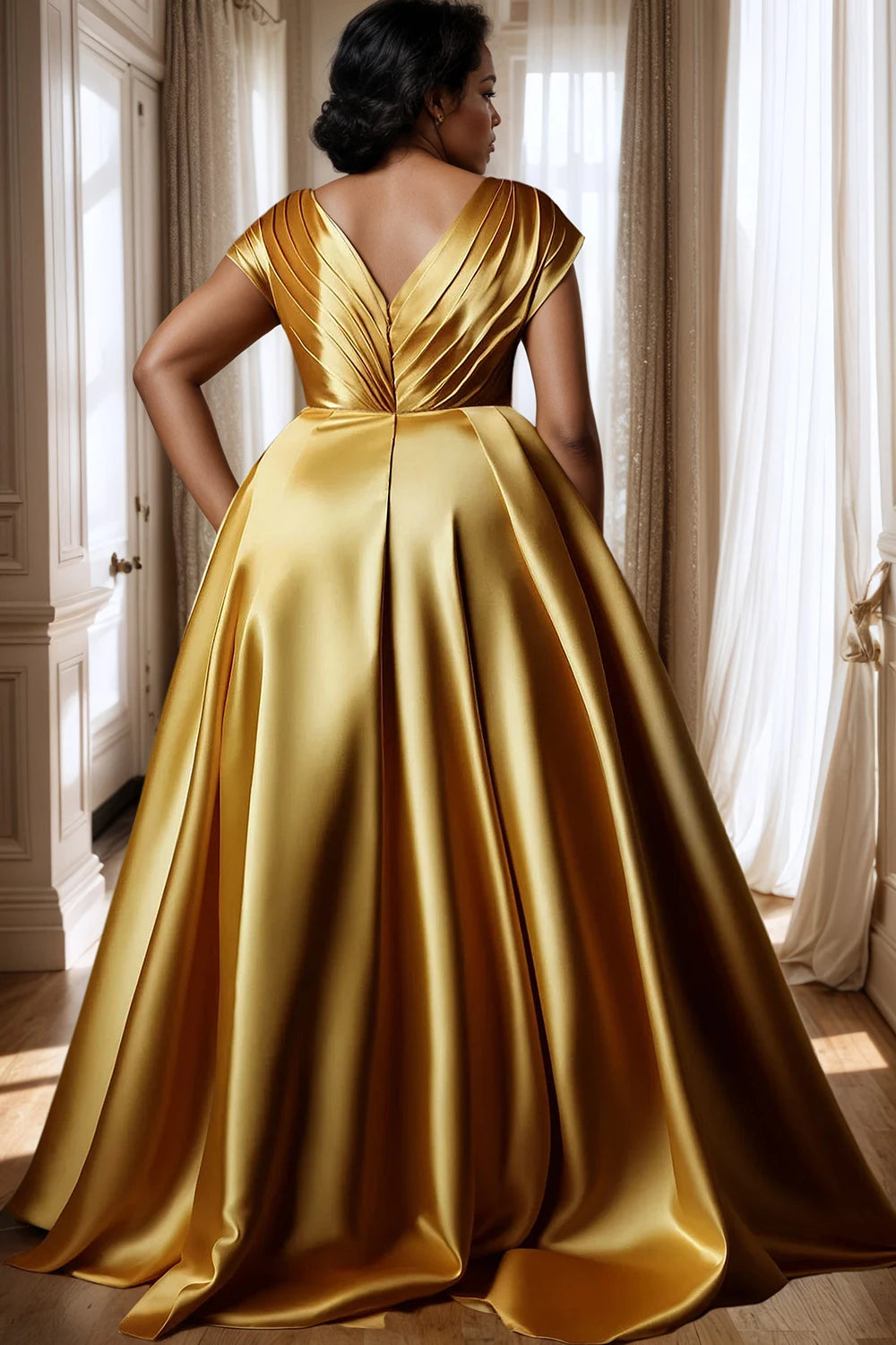 FZ Women's Plus Size V-Neck Backless Pleated A-Line Maxi Evening Dress