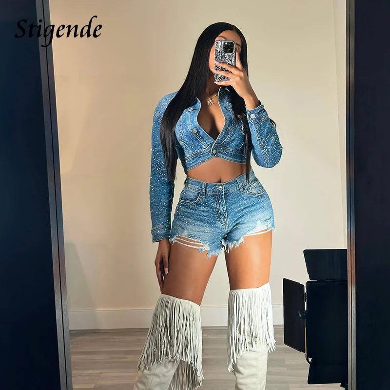 FZ Women's Glitter Rhinestone Ripped Shorts Sexy 2 Piece Denim Shorts Suit - FZwear