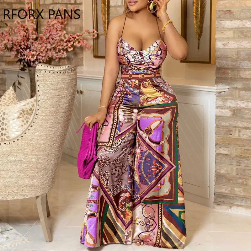 Scarf Print Criss Cross Backless Top & Wide Leg Pants Set Hots Party suits FZwear