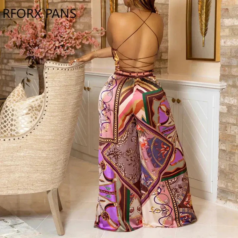 Scarf Print Criss Cross Backless Top & Wide Leg Pants Set Hots Party suits FZwear
