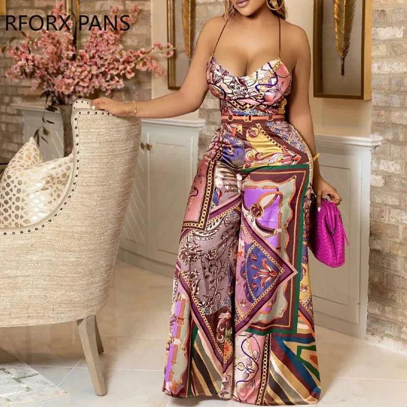 Scarf Print Criss Cross Backless Top & Wide Leg Pants Set Hots Party suits FZwear