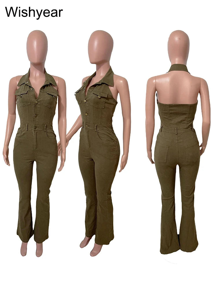 FZ Women's Halter Backless Wide Leg Streetwear One Piece Denim Jumpsuit