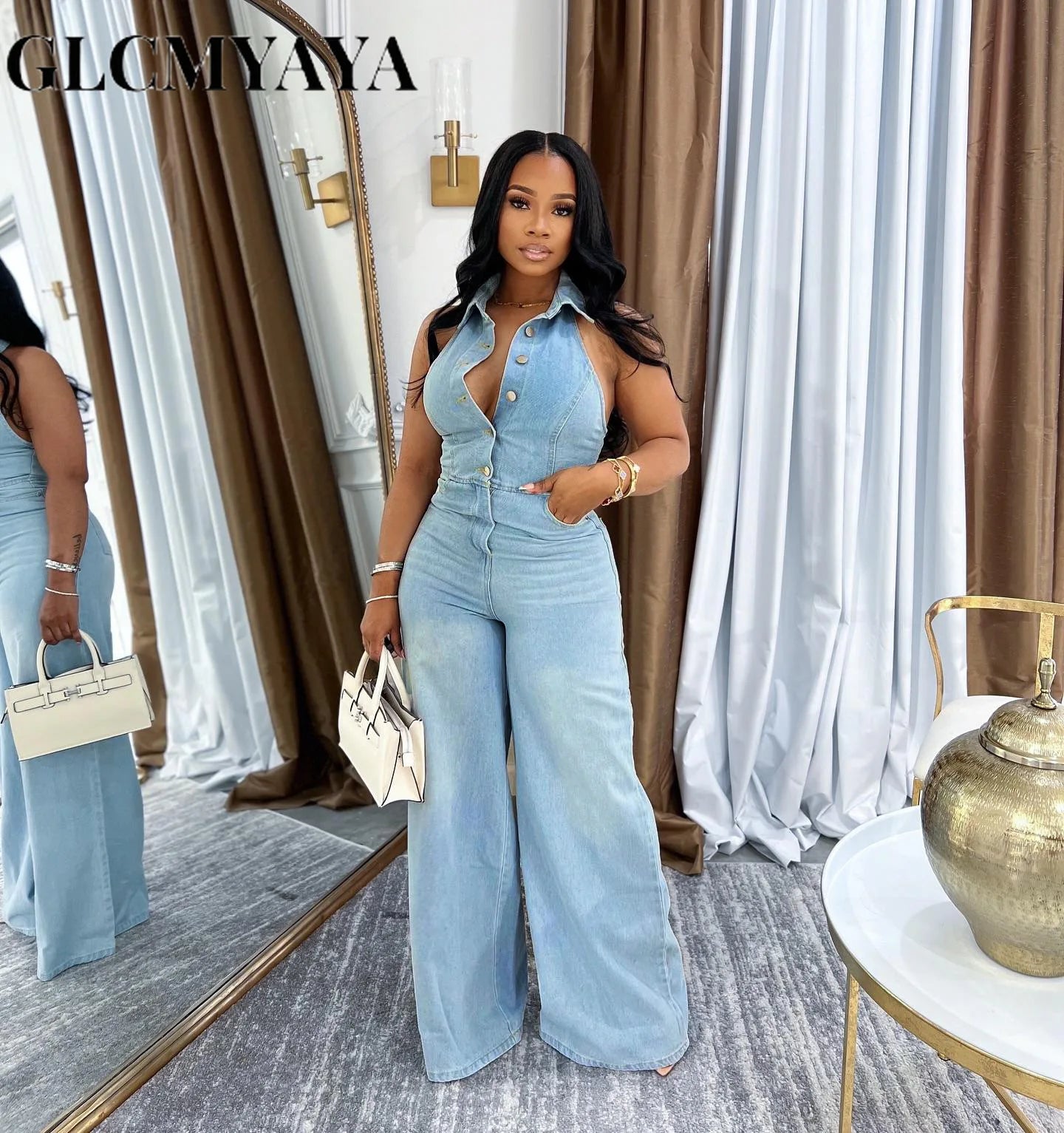 FZ Women's Sleeveless Single Breasted Wide Leg Denim Jumpsuit