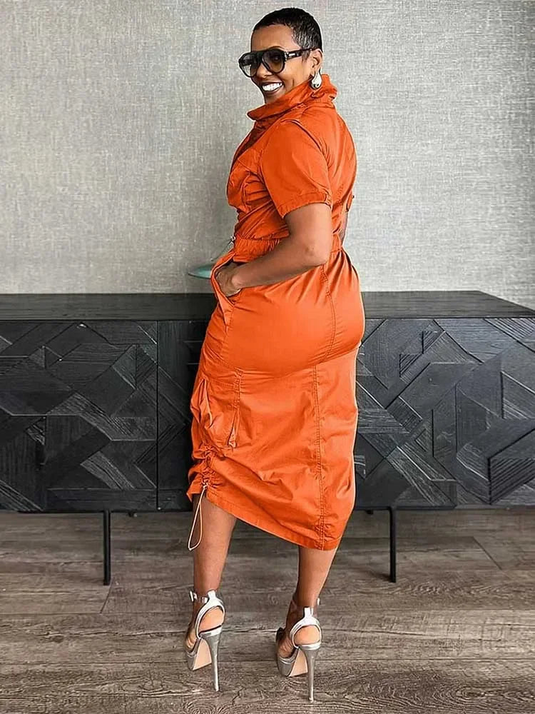 FZ Women's Drawstring Waist Pocket High Street Vintage Retro Midi Dress