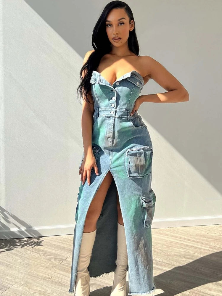 FZ Women's Strapless Sexy Retro Elegant High Waist Denim Dress - FZwear
