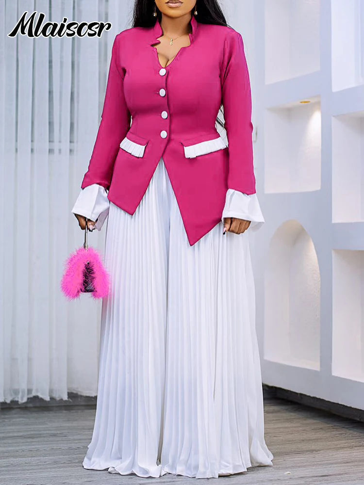 FZ Women's Flared Sleeve Pleated Wide Leg 2 Two Piece Pants Suit