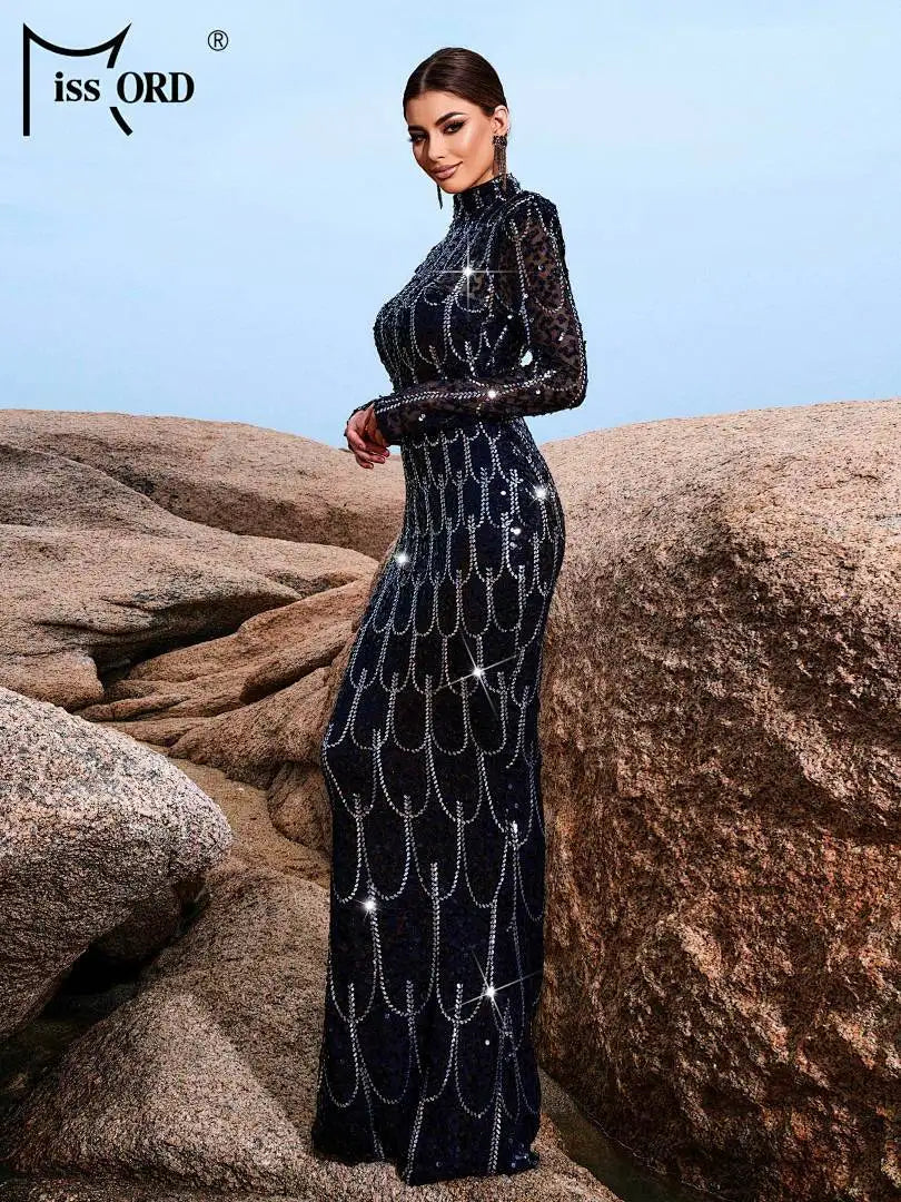 FZ Women's High Neck Sequin Mermaid Cocktail Maxi Evening Dress