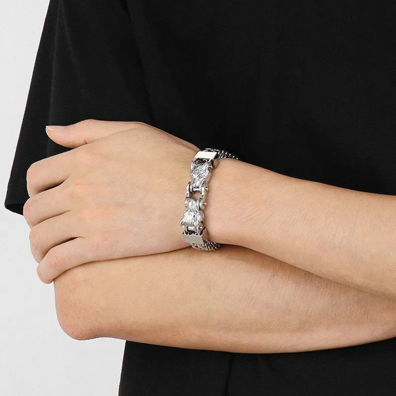 FZ Stainless Steel Multiple Color Double Wolf Hand Wrist Net Chain Bracelet - FZwear