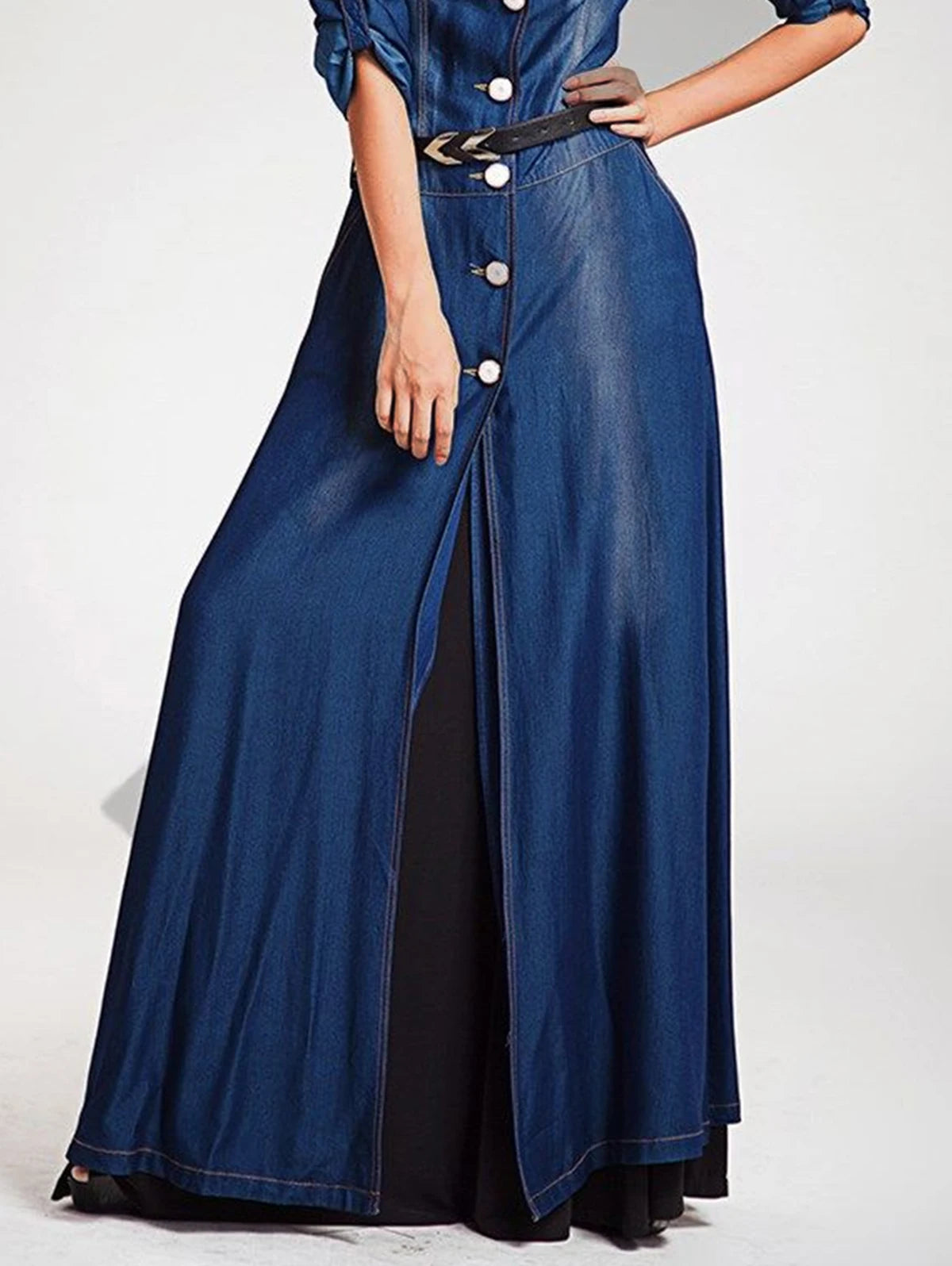 FZ Women's Single Breasted Slim Vintage Lapel Collar Maxi Denim Dress