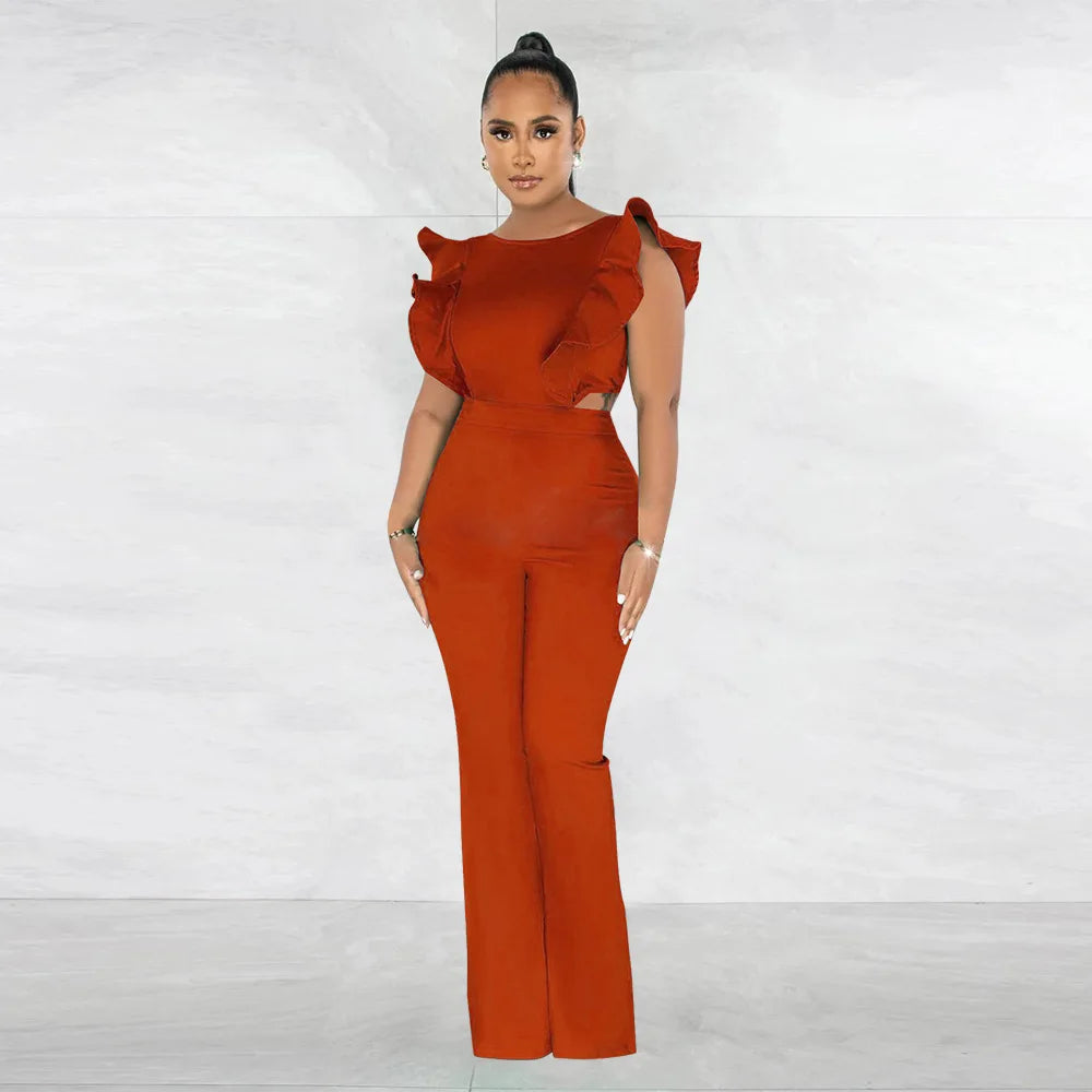 FZ Women's Ruffles Shoulder Cutout Waist High Slit Straight Wide Leg Jumpsuit - FZwear
