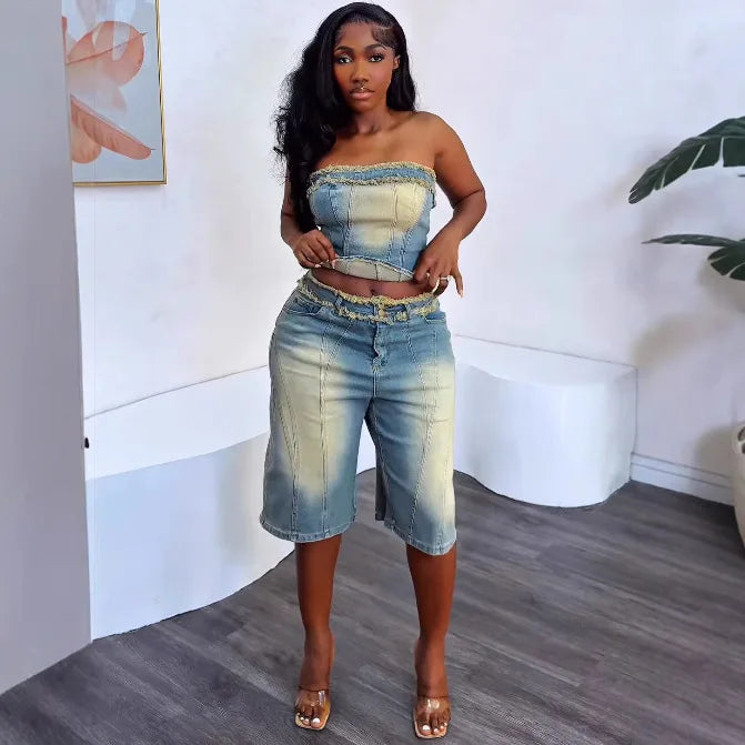 FZ Women's Fringed Strapless High-waisted Denim Shorts Suit