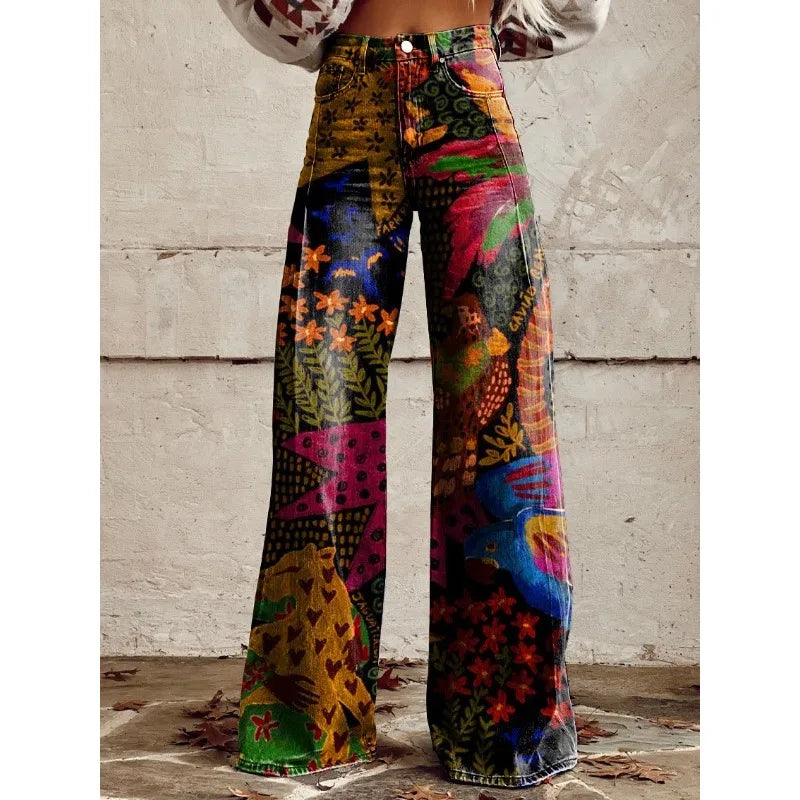 FZ Women's Plus Size Vintage Flower Print Wide Leg Leopard Aztec Streetwear Bohemia Pants - FZwear