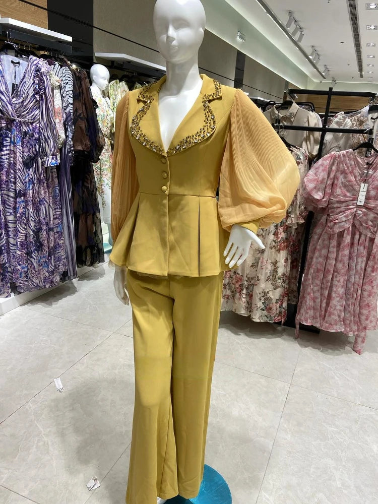 FZ Women's White Diamond Long Sleeve Blazer Pants Suit