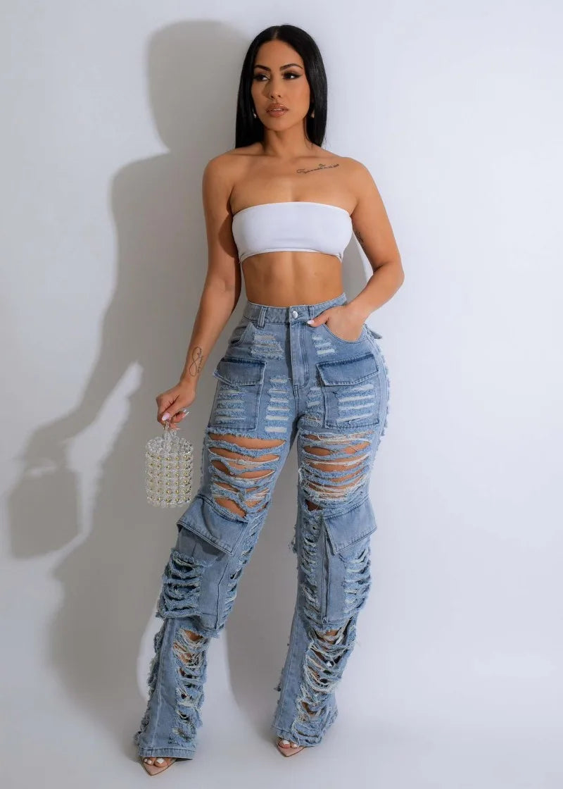 FZ Women's Ripped Light Blue Denim Cargo Pants - FZwear