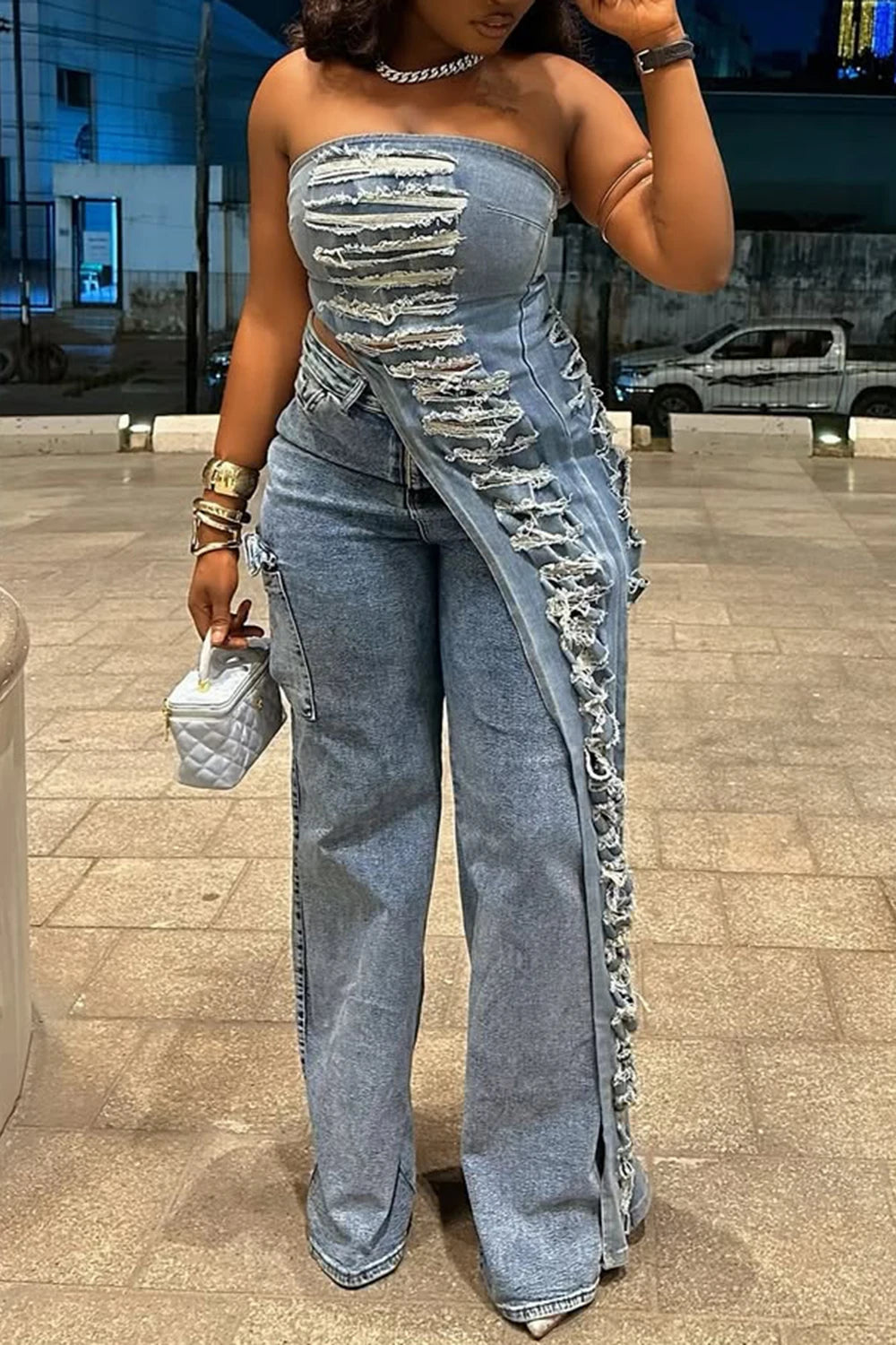 FZ Women's Plus Size Asymmetric Hem Distressed Two Piece Denim Pant Suit