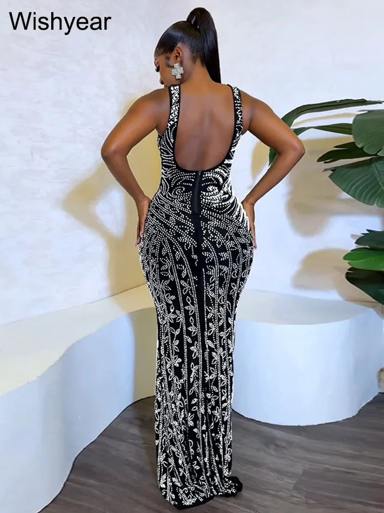 FZ Women's Luxury Rhinestone Mesh Slit Backless Maxi Evening Dress - FZwear