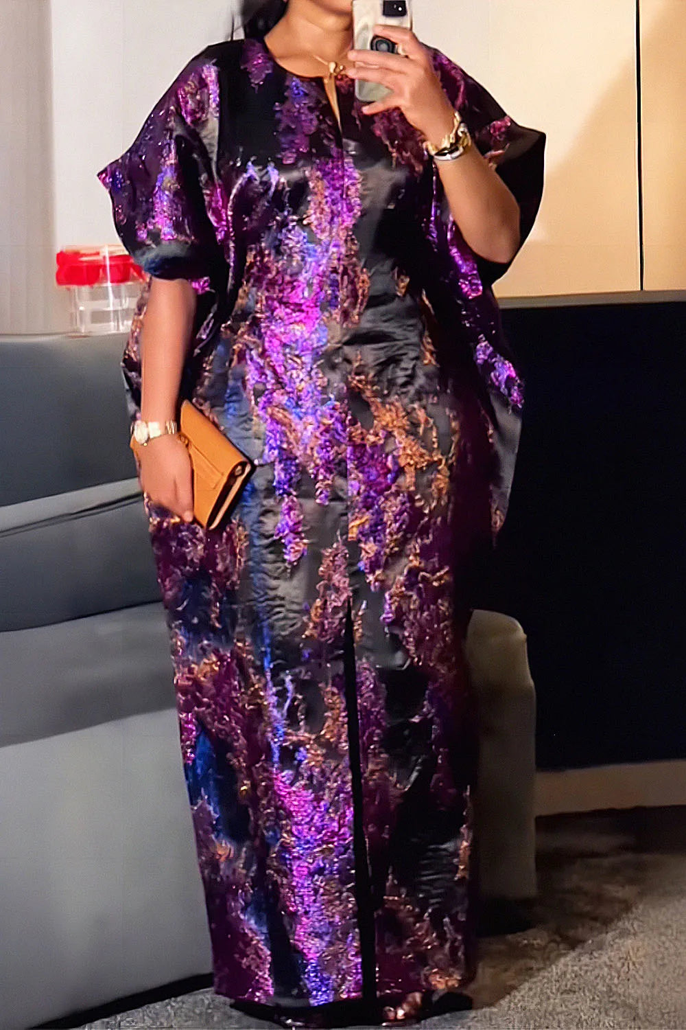 FZ Women's Plus Size Round Neck Short Sleeve Split Jacquard Maxi Dress