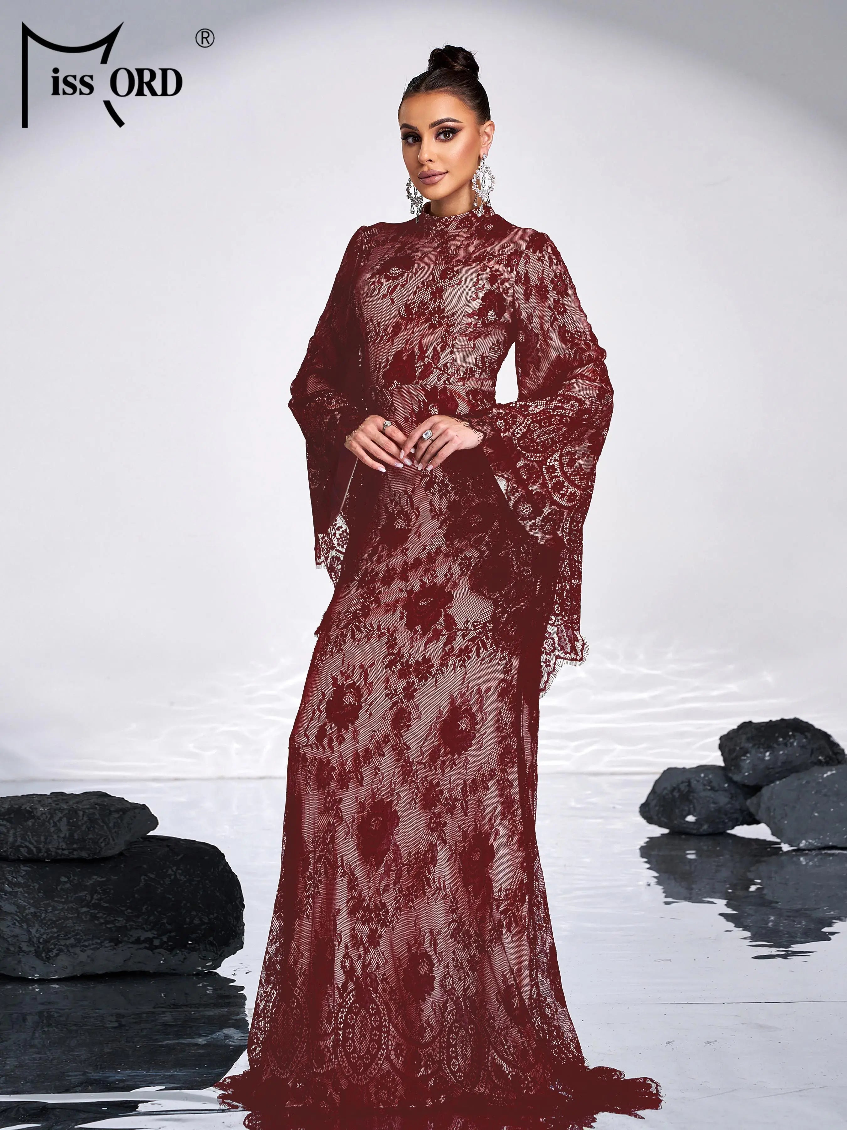 FZ Women's Round Neck Flare Sleeve Tulle Mermaid Cocktail Evening Dress