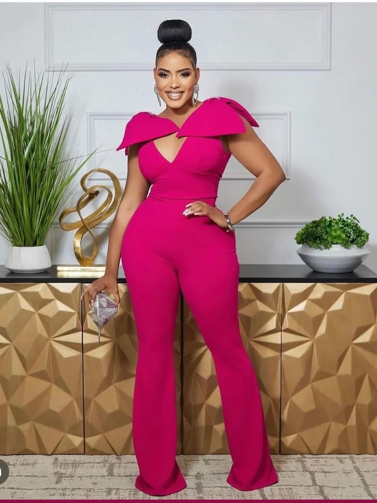 FZ Women's Camisole Bow Patchwork Deep V-neck Backless Wide Leg Jumpsuit