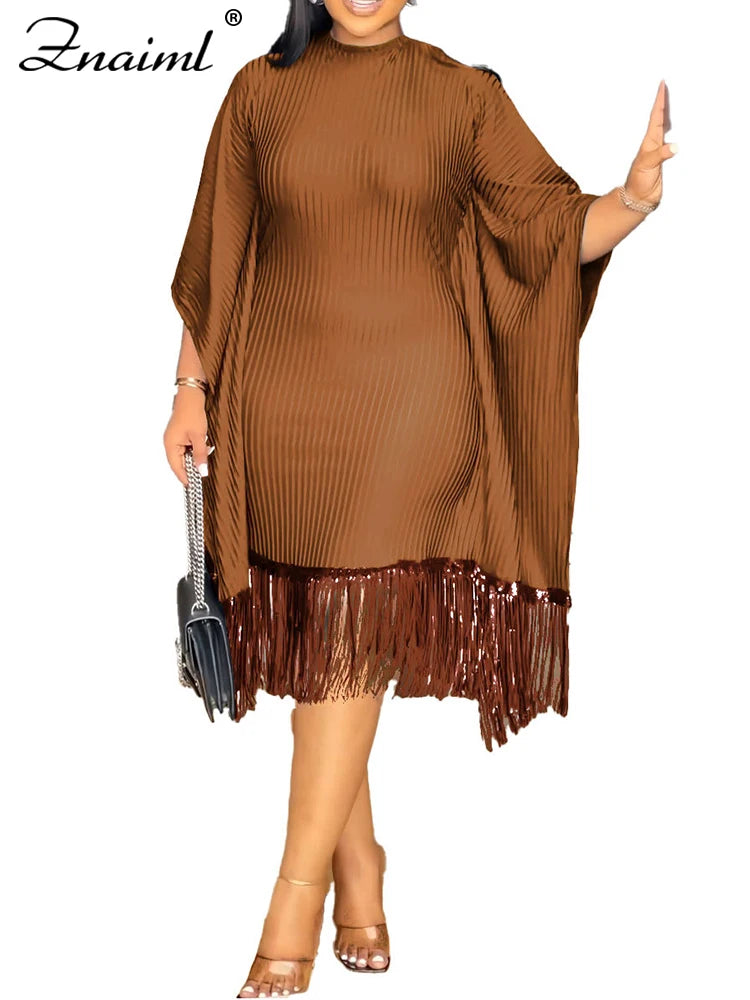 FZ Women's Batwing Sleeve Tassel Slim Midi Evening Dress